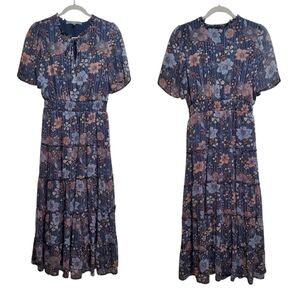 Berkley Jensen Chiffon Blue Floral Midi Maxi Dress Size S Victorian Bohemian